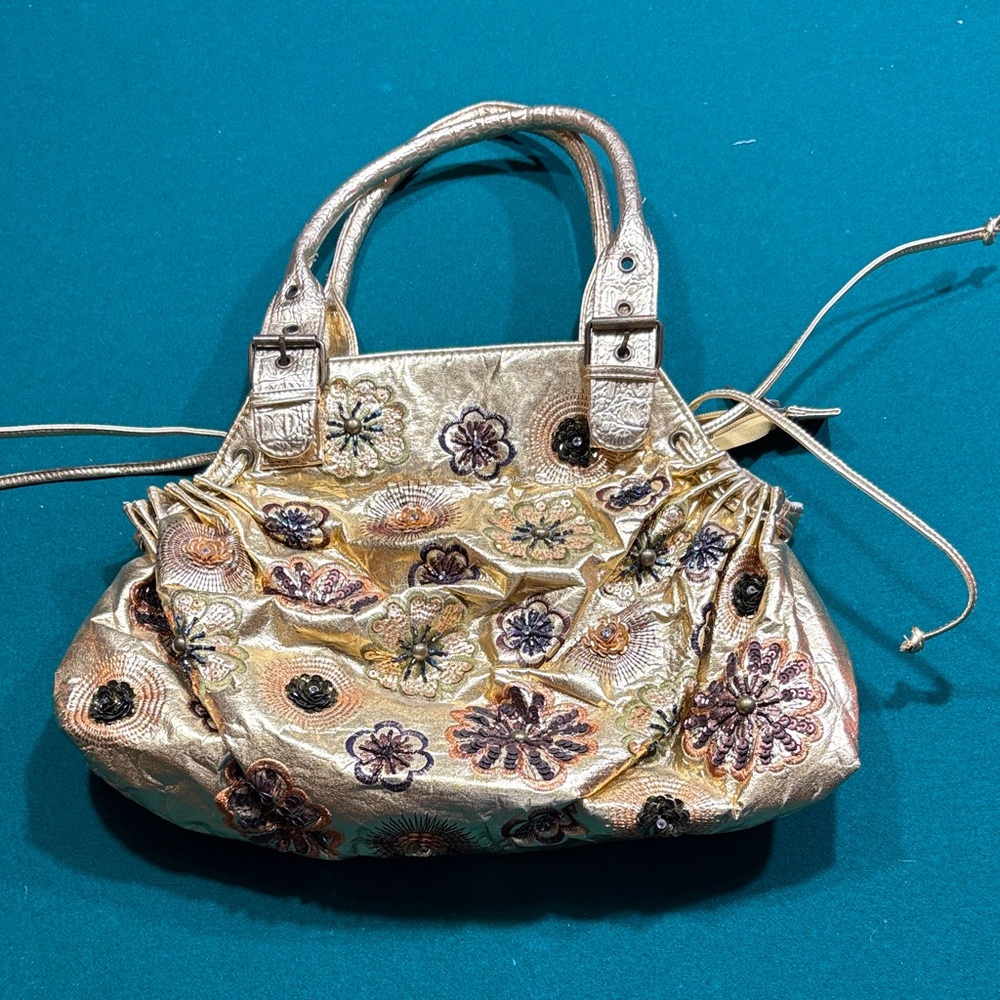 Vintage Floral Embroidered Gold Handbag from Italy